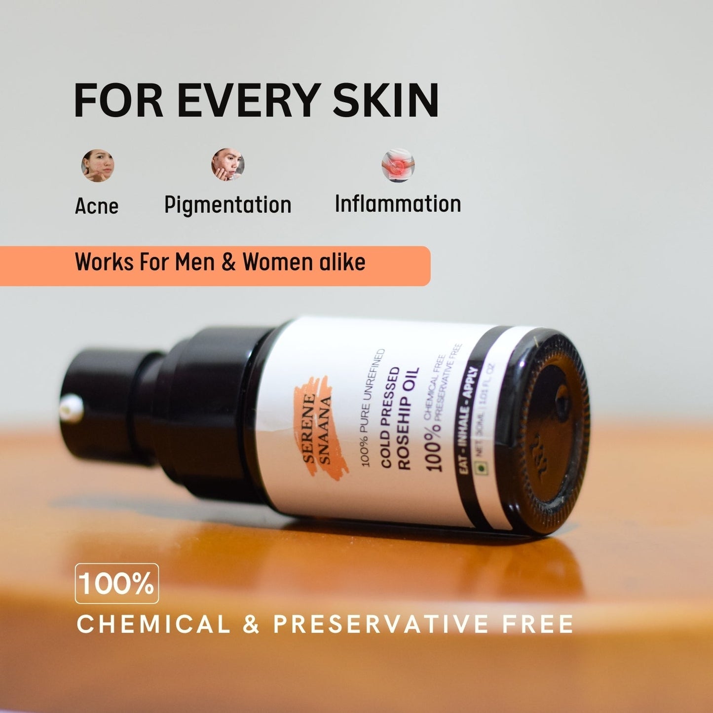Rosehip Seed Cold Pressed Oil bottle, promoting rosehip oil for glowing skin, suitable for all skin types, 100% chemical-free.
