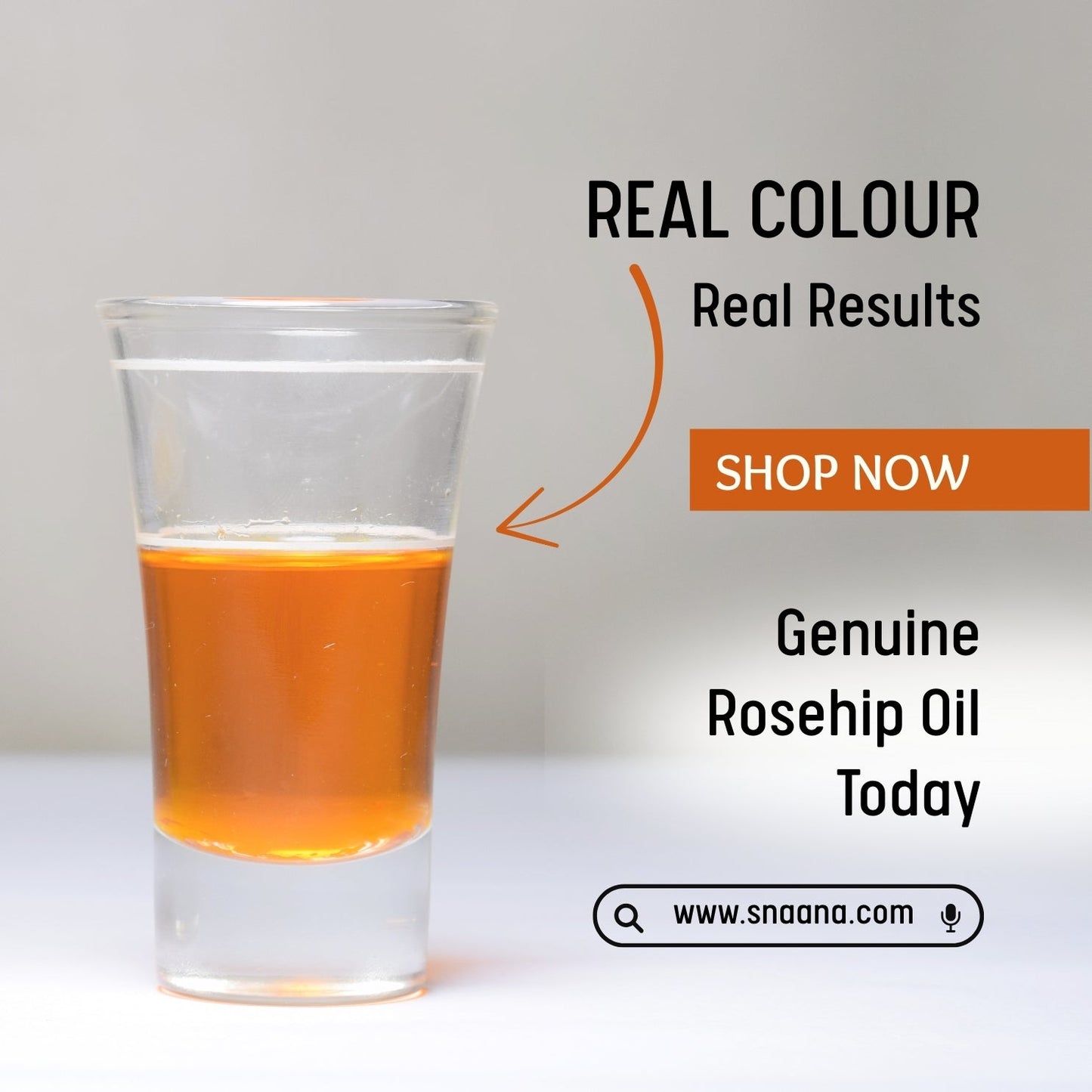 Genuine rosehip oil for glowing skin in a shot glass showcasing real color. Shop now!