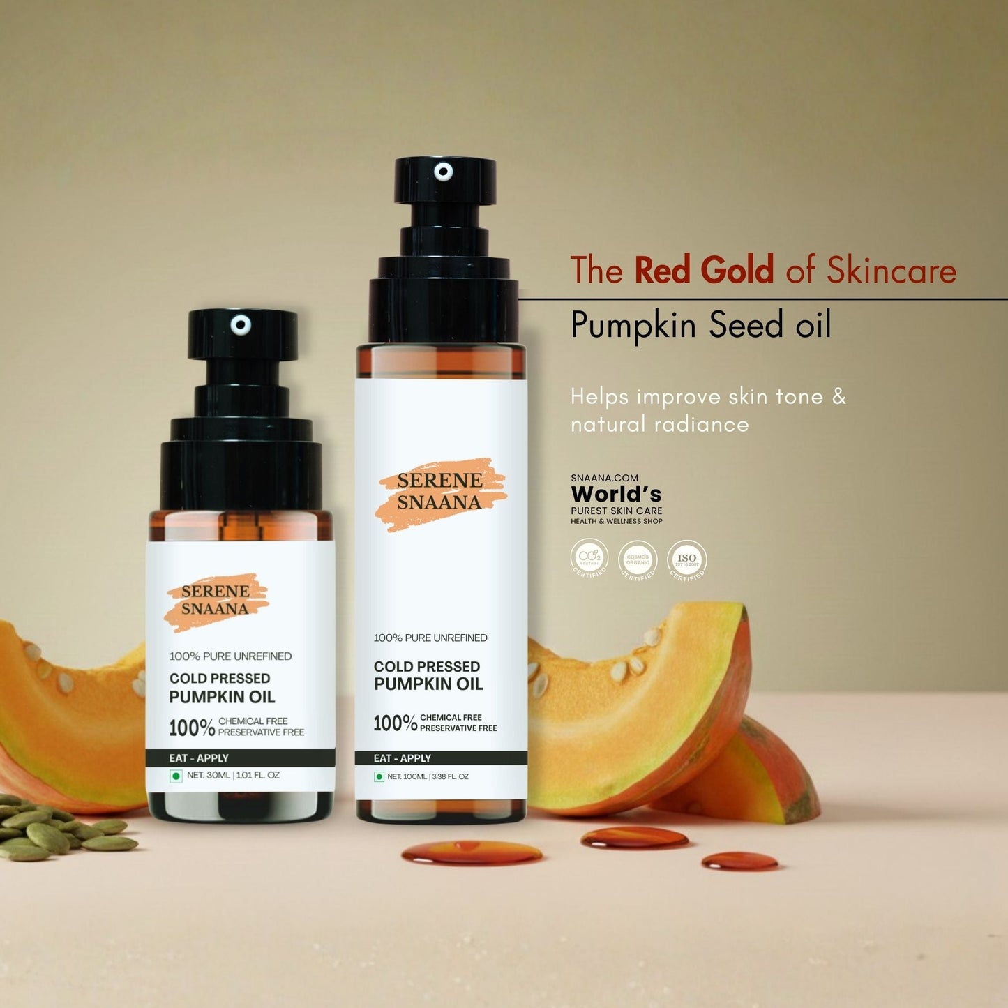 Pumpkin seed oil for skin in eco-friendly packaging, promoting natural radiance and nourishment for beauty applications.