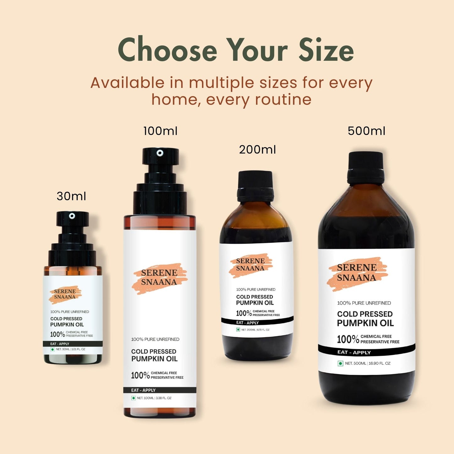 Choose your size of Pumpkin seed oil for skin with options from 30ml to 500ml for versatile use.