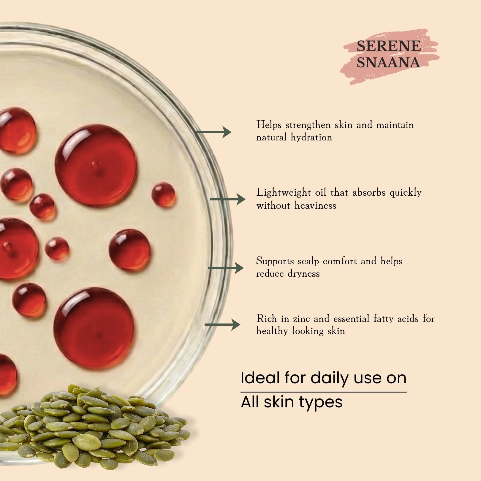 Pumpkin seed oil for skin in a bowl, showcasing benefits for hydration and healthy-looking skin.