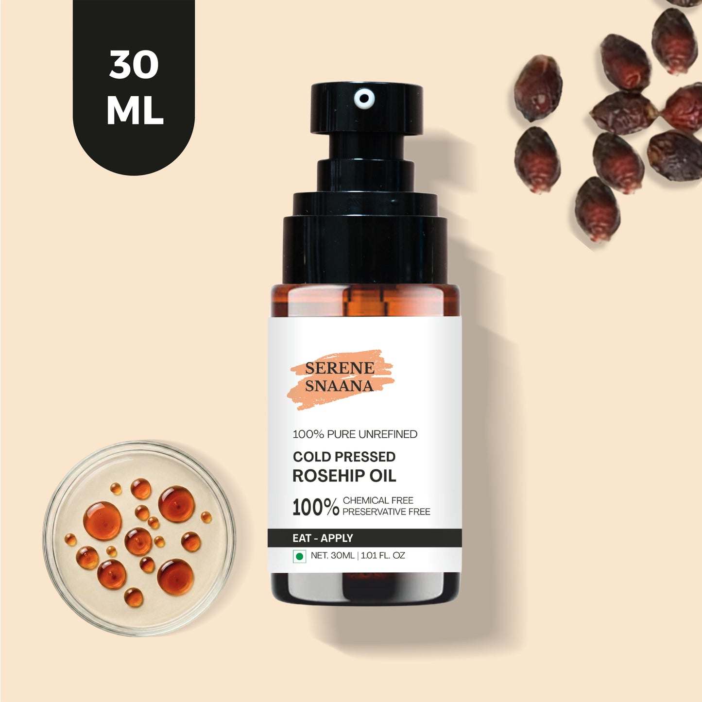 100% pure unrefined cold pressed rosehip oil for glowing skin in a 30ml bottle 