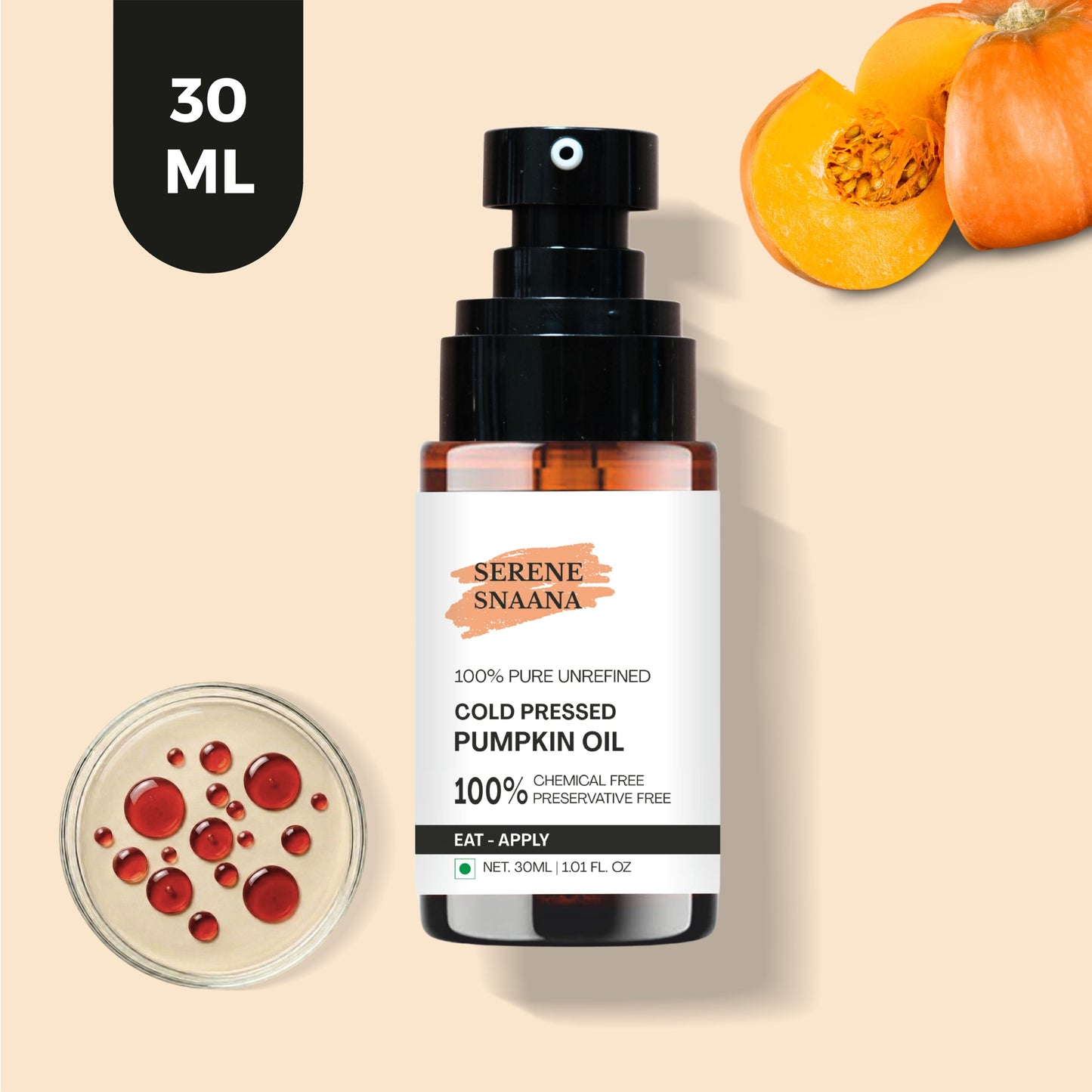 Pumpkin seed oil for skin in a bottle with fresh pumpkin and seeds, chemical and preservative free, suitable for food and application.