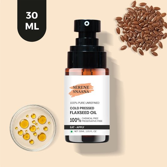 Premium Cold Pressed Flaxseed Oil bottle with seeds and oil in a bowl, flaxseed oil for skin benefits.